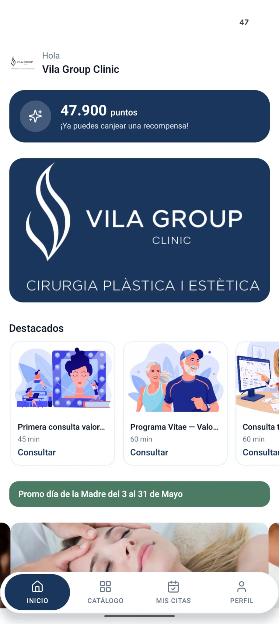 Pantalla de inicio de la app Vila Group Clinic: saldo de puntos y tratamientos destacados
