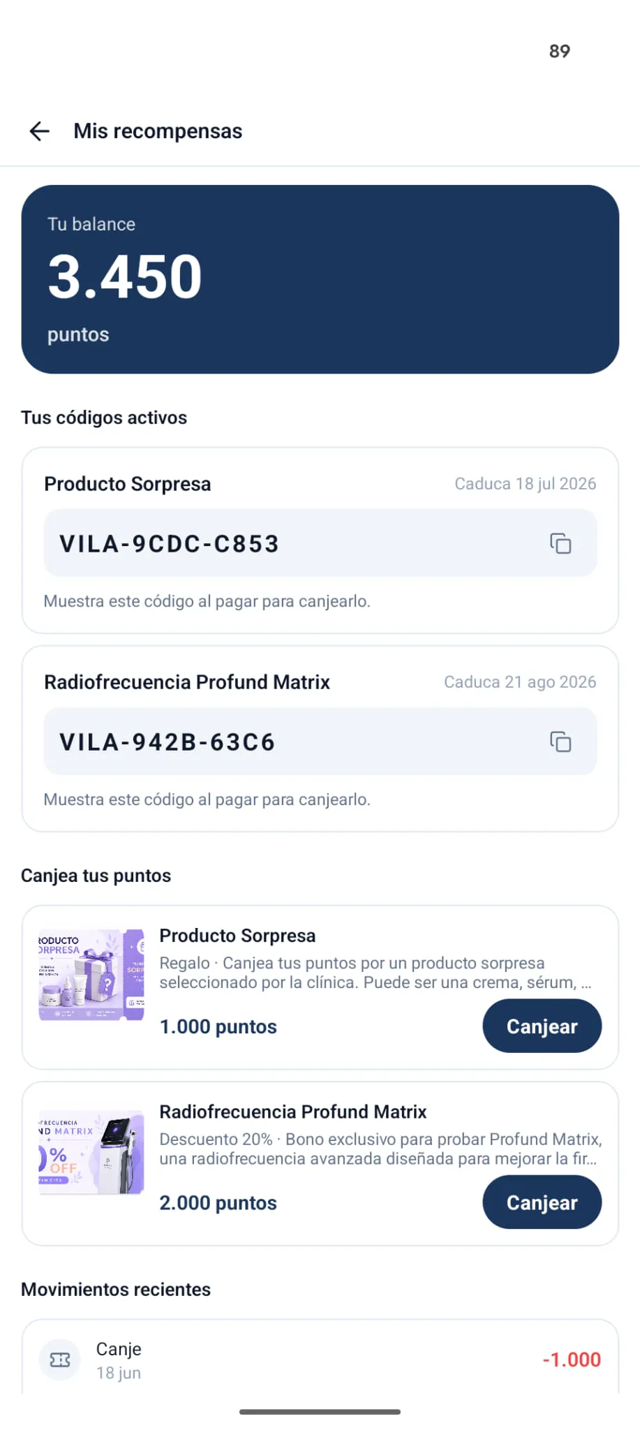 Programa de fidelidad con puntos en la app Vila Group Clinic